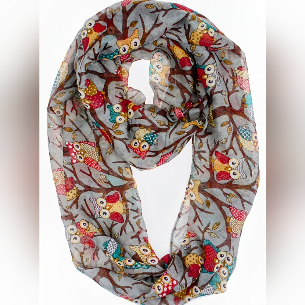 Vivian & Vincent infinity scarf with owl design.  EUC 19x60